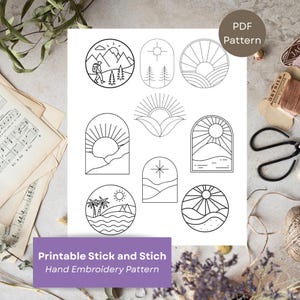 May include: A white sheet with various black line art designs depicting natural scenes, such as mountains, suns, and landscapes. The text "PDF Pattern" is in the top right corner. The text "Printable Stick and Stich Hand Embroidery Pattern" is at the bottom.