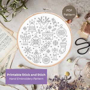 Kerstborduurring ornamentpatroon, kerst- of vakantieornament Afdrukbare stok en steek, kersthandborduurwerk doe-het-zelfcadeau