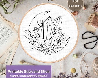 Broderiringmönster med kristaller och månar, utskrivbar pinne- och stygndesign med himmelsringar, gör-det-själv-broderipresent, rolig pinne- och stygn-PDF