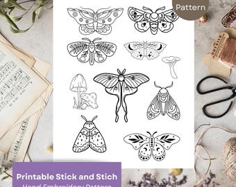 Patrón de bordado a mano de polilla: Pegar y coser (hoja de imágenes descargable en PDF)