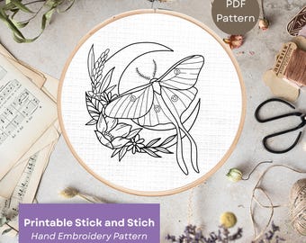 Patrón de bordado de polilla lunar y luna: Punto y puntada celestiales (PDF), regalo de bordado DIY