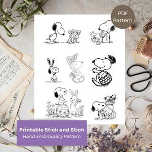 May include: A black and white printable hand embroidery pattern featuring Snoopy and Easter bunnies. The pattern includes multiple illustrations of Snoopy with Easter eggs and baskets. The text "Printable Stick and Stitch Hand Embroidery Pattern" is also visible.