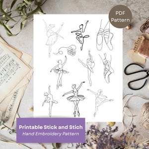 Op de afbeelding: Een wit afdrukbaar PDF-patroon met lijntekeningen van ballerina's in verschillende poses. De tekst "PDF Pattern" staat in een cirkel rechtsboven. De onderkant van de afbeelding bevat de tekst "Printable Stick and Stich Hand Embroidery Pattern".
