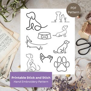 Könnte beinhalten: Ein druckbares PDF-Handstickmuster mit Hunde-Designs in Linienkunst. Die Designs umfassen verschiedene Hunderassen, einen Hundenapf und Pfotenabdrücke. Der Text "Printable Stick and Stitch Hand Embroidery Pattern" wird unten angezeigt.