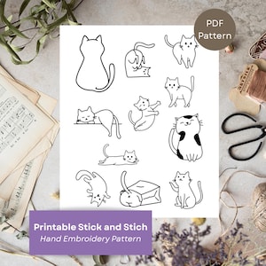 Puede incluir: Una hoja blanca con dibujos lineales negros de gatos en varias poses. La hoja tiene el texto "Printable Stick and Stich Hand Embroidery Pattern" en un cuadro morado. Un pequeño círculo dice "PDF Pattern".