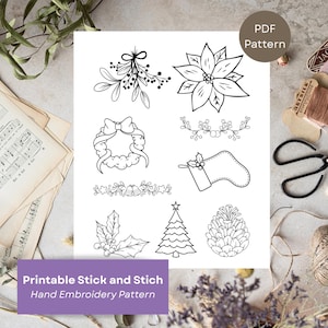 Kerstborduurpatronen, afdrukbare stok- en steeksjabloon voor feestdagen, stiksels downloaden, doe-het-zelf-handborduurcadeau, Stick n Stitch-pdf