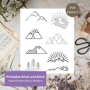 May include: A white paper with eight black line art mountain and nature designs. The text "PDF Pattern" is in a circle at the top right. The text "Printable Stick and Stich Hand Embroidery Pattern" is in a purple rectangle at the bottom.