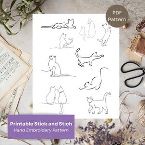 Puede incluir: Una hoja blanca con dibujos lineales negros de gatos en varias poses. La hoja también tiene el texto "PDF Pattern" y "Printable Stick and Stich Hand Embroidery Pattern".