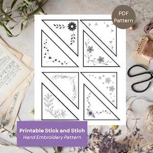 Puede incluir: Un patrón PDF imprimible blanco con cuatro diseños triangulares con adornos de esquina florales y de hojas. El texto "PDF Pattern" está en un círculo en la parte superior derecha. El texto "Printable Stick and Stich Hand Embroidery Pattern" está en la parte inferior.
