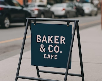 Letrero tipo caballete personalizado, cartel publicitario tipo sándwich personalizado, expositor colgante para acera para cafetería, tienda o boutique.