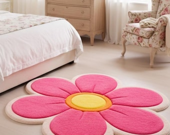 Handmade Tufted Pink Daisy Rug – 3D Floral Carpet