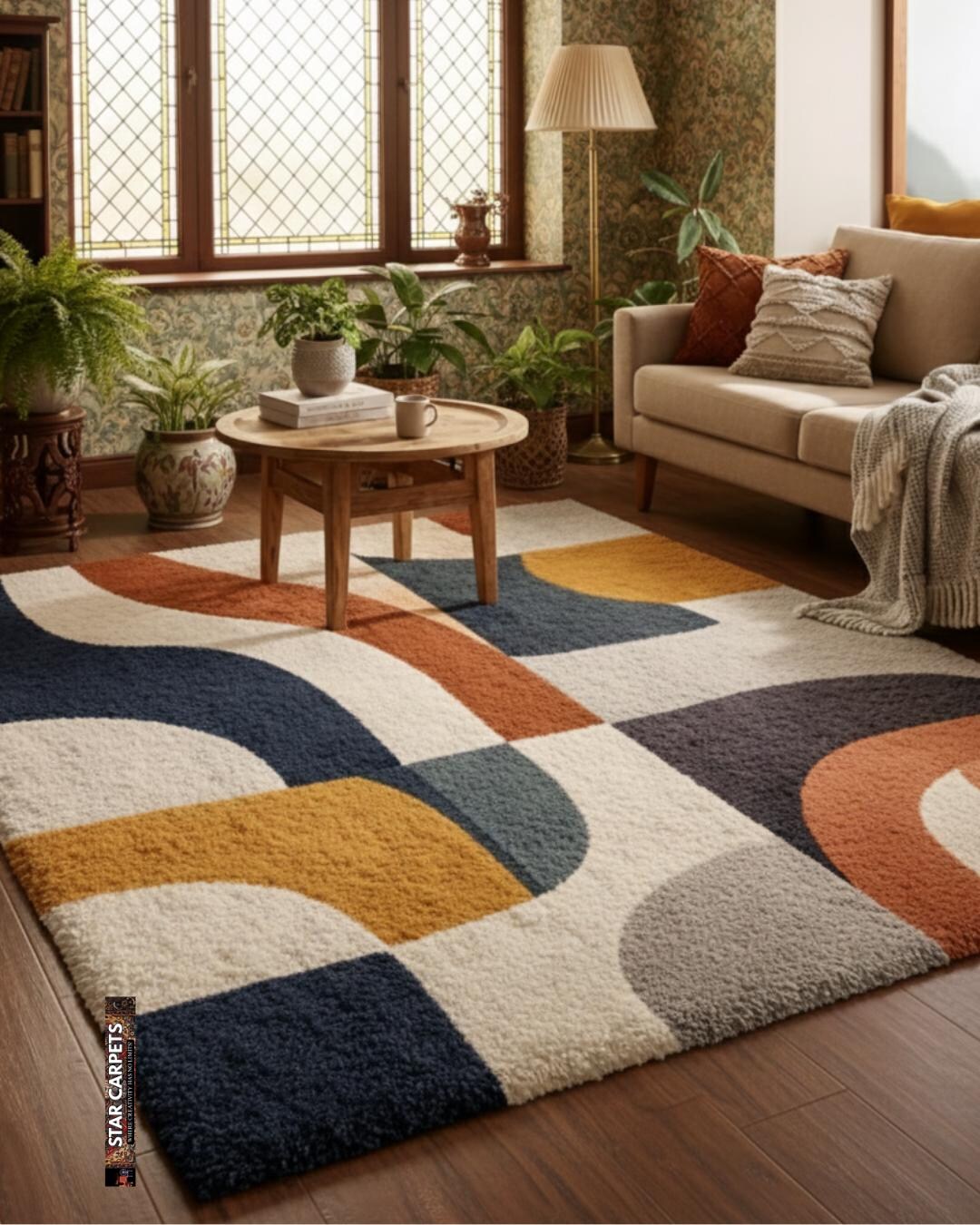 Modern Patterned Area Rug Mid-century Modern Area Rug – Geometric Wavy Pattern, Boho Living Room ...
