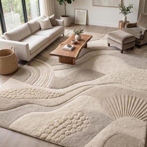 May include: A neutral-toned area rug with a textured, wave-like design dominates the room. The rug features varying shades of beige and cream, with raised patterns creating a 3D effect. The room also includes a light-colored sofa, wooden coffee table, and armchair.