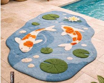 Alfombra para estanque koi, hecha a mano, con forma irregular, con área de nenúfar y textura 3D.