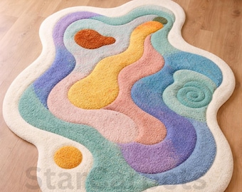 Abstract Wavy Tufted Area Rug – Colorful Irregular Floor Mat