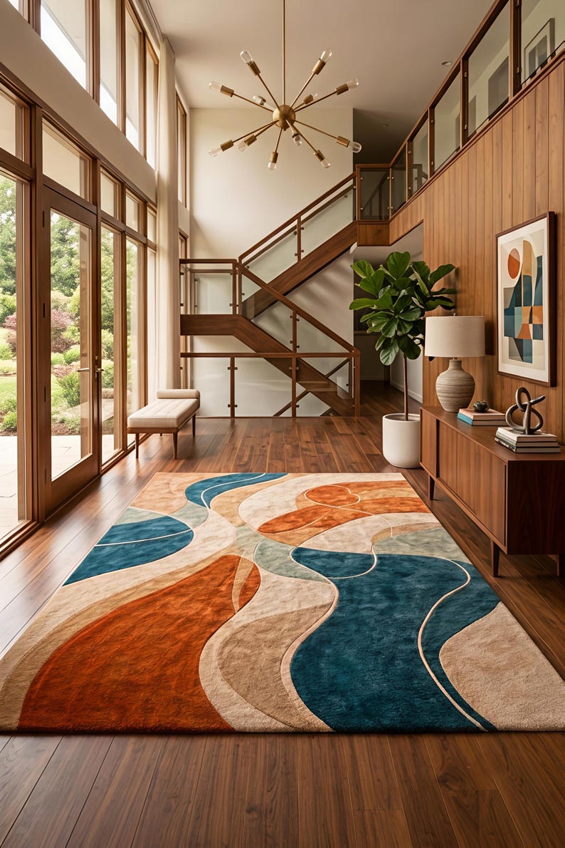May include: A rectangular area rug featuring a large-scale abstract pattern with flowing, organic shapes in shades of deep teal, burnt orange, and beige. The rug has a textured pile and is positioned on a dark wood floor in a bright room.
