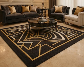 Art Decor handtuftad ullmatta | Svart & guld geometrisk lyxmatta | Modernt vardagsrum