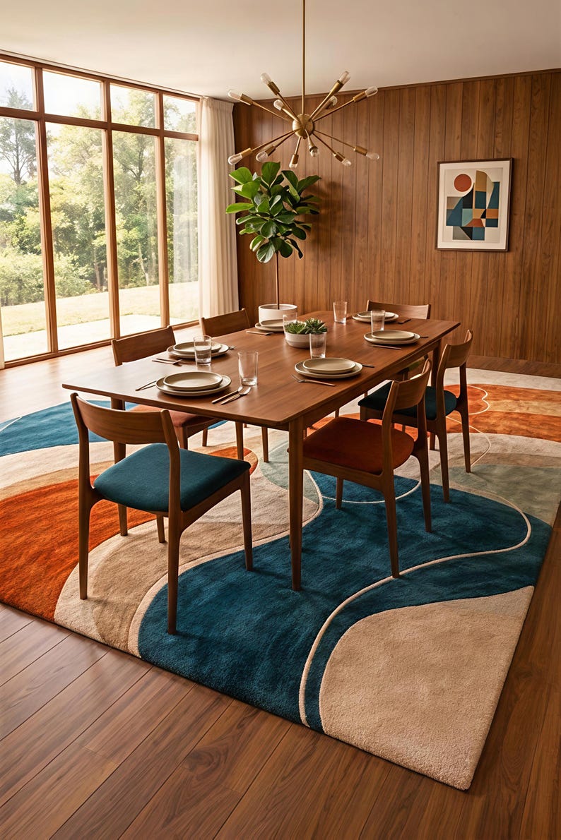 May include: A rectangular area rug featuring a large-scale abstract pattern of wavy, overlapping shapes in deep teal, burnt orange, and beige. The rug is placed under a wooden dining table with six chairs and a sputnik-style chandelier above.