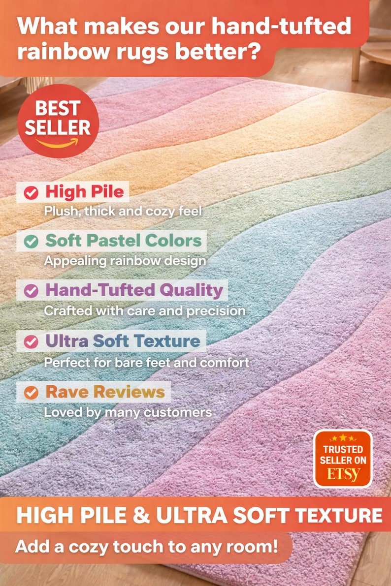 Pastel Rainbow Wavy Hand-tufted Rug - Soft Bouclé Texture Modern Area ...