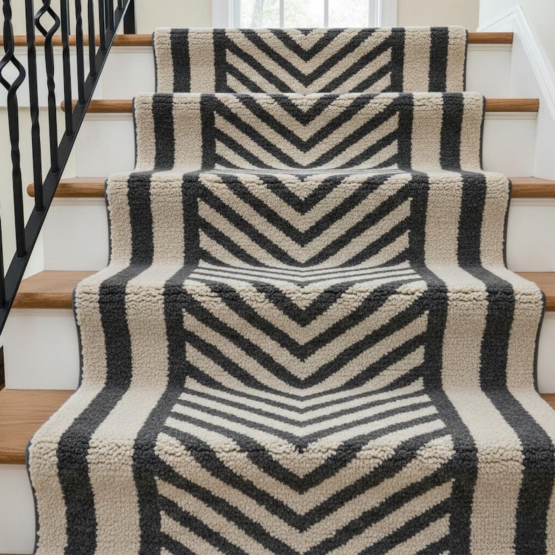 4x18 Rug Hand Tufted Wool Stair Runner | Black & Cream Chevron Stripe Rug - Etsy