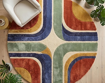 Round Mid Century Modern Wavy Rug | 70s Retro Dopamine Decor Area Rug | High Pile Tufted Circle Carpet in Rust, Navy & Green
