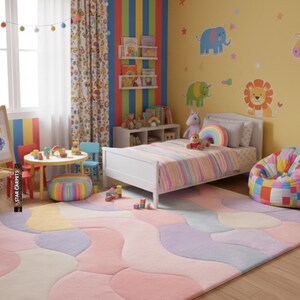 May include: A colorful children's bedroom with a pastel-colored rug, a white bed with a striped comforter, and a beanbag chair. The walls are decorated with animal decals and rainbow-themed decor. A small table and chairs are in the foreground.