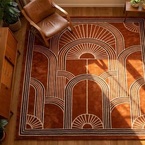 May include: A large, rectangular rust-colored rug with a geometric design featuring white and black arched patterns. The rug is placed in a living room setting with a brown leather chair and a brown sofa.