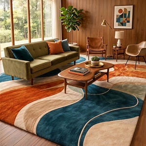 May include: A large area rug featuring a wavy, abstract pattern in shades of deep teal, burnt orange, and beige. The rug is placed in a living room with a green sofa, a wooden coffee table, and wood-paneled walls, creating a cohesive interior space.