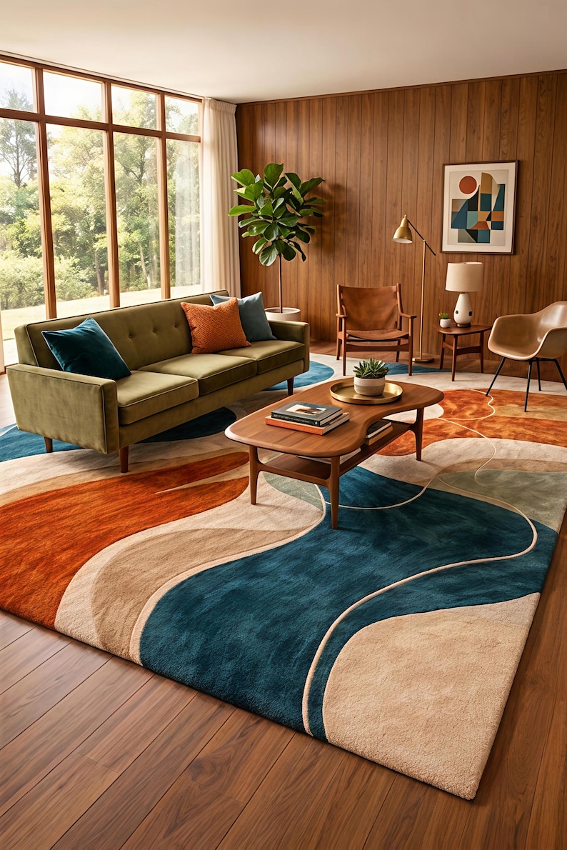 May include: A large area rug featuring a wavy, abstract pattern in shades of deep teal, burnt orange, and beige. The rug is placed in a living room with a green sofa, a wooden coffee table, and wood-paneled walls, creating a cohesive interior space.