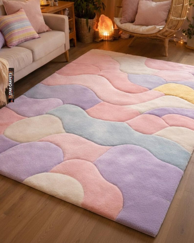 Pastel wavy Rug
Hand tufted rug
High pile plush rug
Danish pastel decor
Unique housewarming
Pastel Home decor
Kids room rug
Colorful playroom
Aesthetic Kids room
Nursery Area Rug
Groovy home decor
Rugs for kids
3d texture rug