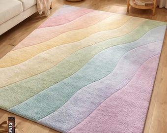 Pastel Rainbow Wavy Hand-Tufted Rug - Soft Bouclé Texture Modern Area Rug for Nursery