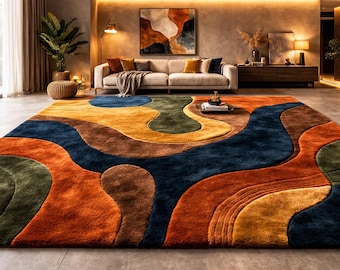 Mid Century Modern Hand-Tufted Retro Earth Tone Decor Rug Large Abstract 3d Area Rug