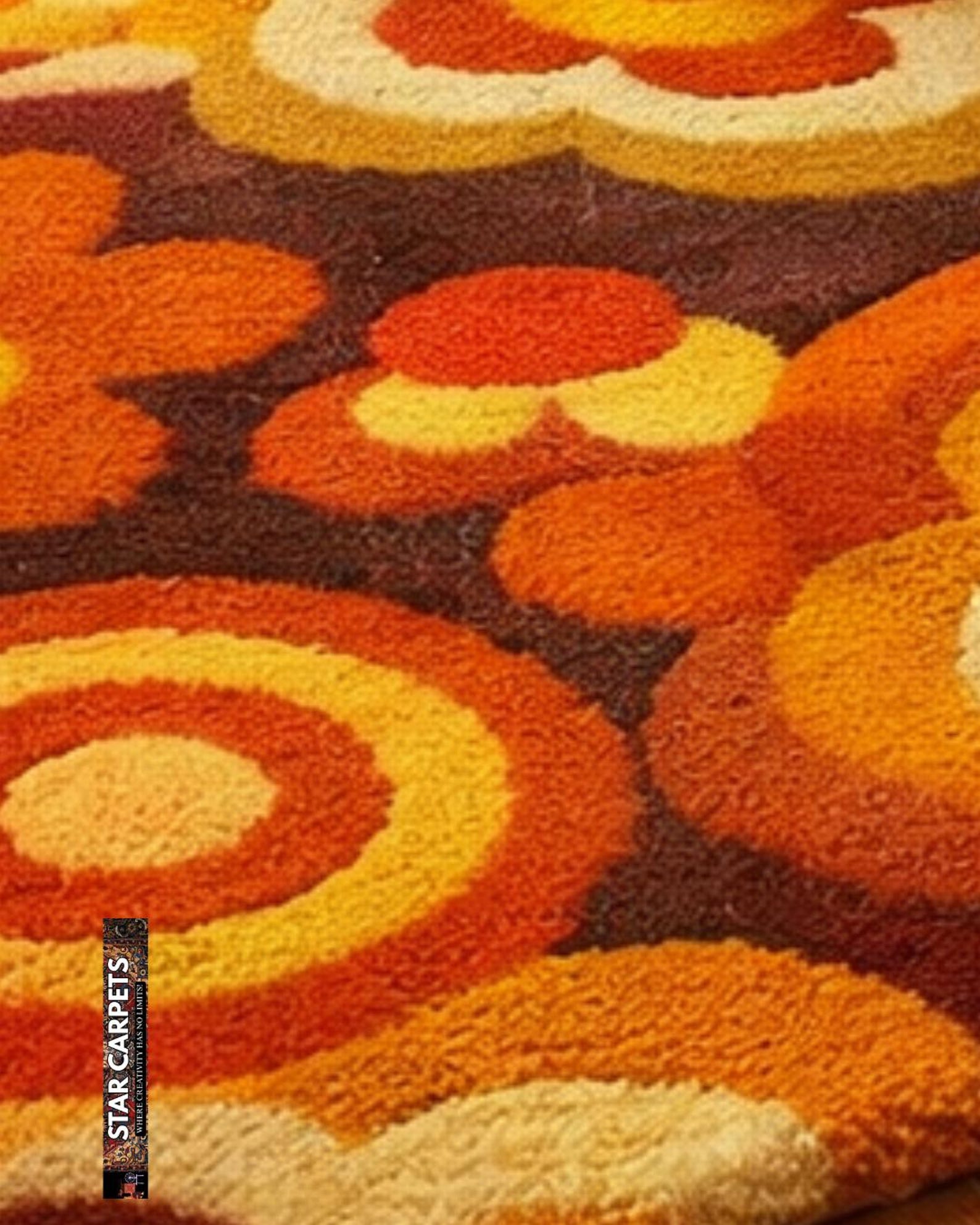 70s Floral Hand Tufted Rug – Mid Century Modern Orange & Brown Carpet ...