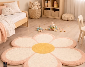 Large Plush Daisy Rug, Pastel Flower Kids Room Carpet