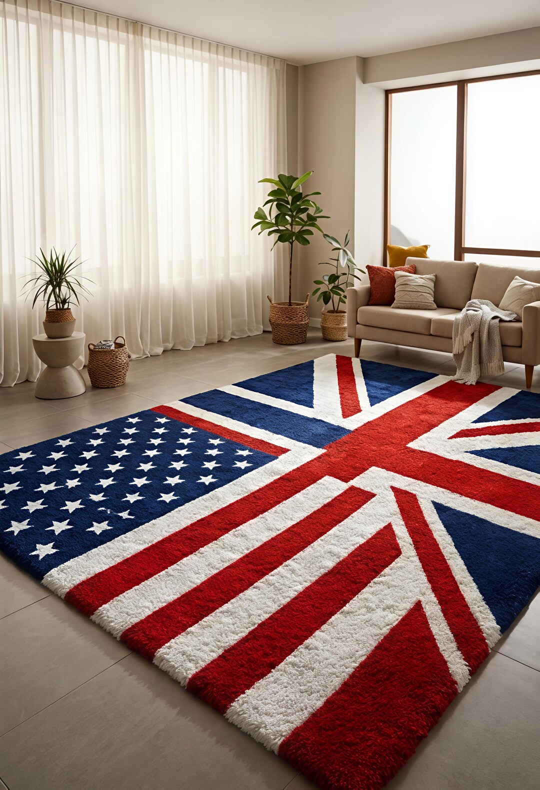 Union Jack USA Flag Rug – Luxury Wool Blend High Pile Hand Tufted Area ...