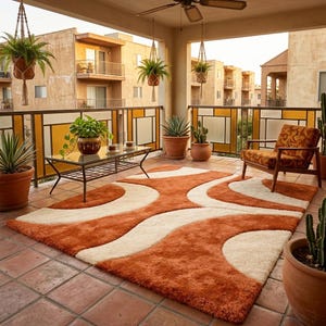 May include: A patio scene with a large, orange and cream-coloured shag rug with a wavy pattern. The rug is on a tiled floor, with potted plants, a glass-topped table, and a patterned armchair. Apartment buildings are in the background.