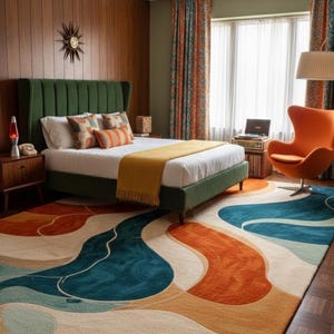 May include: A large area rug featuring an abstract pattern of flowing, organic shapes in shades of teal, burnt orange, mustard yellow, and cream. The rug covers a wooden floor in a bedroom with a green upholstered bed and an orange chair.