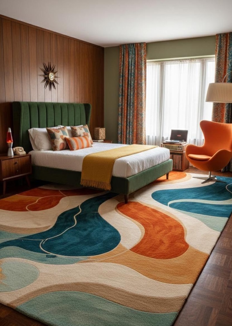 May include: A large area rug featuring an abstract pattern of flowing, organic shapes in shades of teal, burnt orange, mustard yellow, and cream. The rug covers a wooden floor in a bedroom with a green upholstered bed and an orange chair.