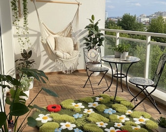 Hand-Tufted 3D Moss Rug, Daisy Meadow Landscape Rug
