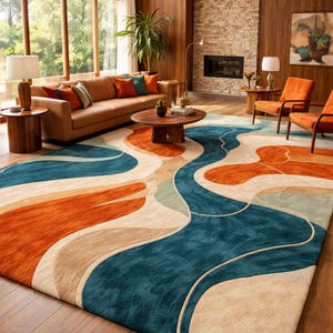 Mid Century Modern
Contemporary Carpet
Custom Tufted Rug
Wavy Pattern Rug
Luxury Bedroom Rug
Housewarming Rug
Retro style carpet
Large Area Rug
Teal blue orange rug
Abstract area rug
Colorful wool rug
Minimalist Rug
Gift for living room