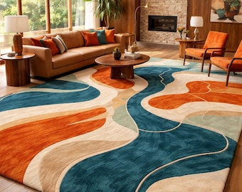 Mid-Century Abstract Wave Area Rug in Teal, Burnt Orange & Beige - Retro 70s Style Rug