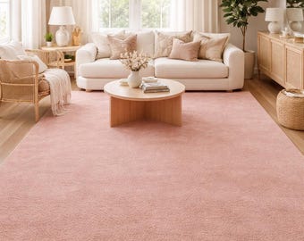 Alfombra de lana tejida a mano, color rosa ruborizado liso, moderna y minimalista.