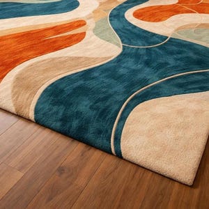 May include: A rectangular area rug featuring a textured, tufted surface with a pattern of flowing, organic shapes in shades of deep teal, burnt orange, beige, and sage green, arranged in a continuous, interconnected wave-like design.