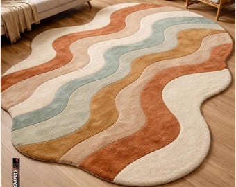 Alfombra ondulada de lana tejida a mano - Arte abstracto de los años 70 en terracota y verde salvia