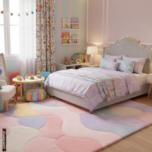 May include: A pastel-colored bedroom with a large bed, a patterned rug, and a small table with chairs. The room features a soft color palette with pink, purple, and yellow accents. The bed has a gray headboard and matching bedding.