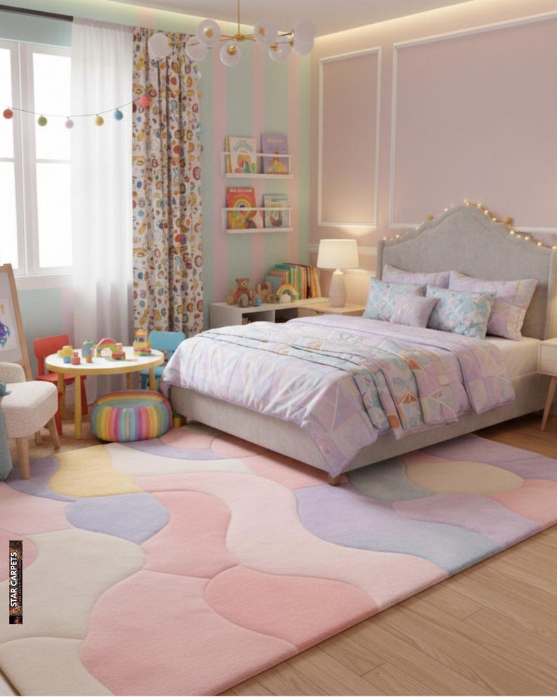 May include: A pastel-colored bedroom with a large bed, a patterned rug, and a small table with chairs. The room features a soft color palette with pink, purple, and yellow accents. The bed has a gray headboard and matching bedding.