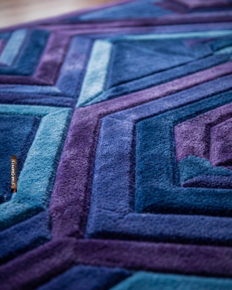 3D Hand-tufted Wool Rug Geometric Art Deco Carpet, Purple Teal Abstract ...