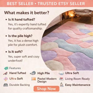 May include: A pastel-colored, modern design rug with a high pile and ultra-soft texture. The rug is hand-tufted and features a durable backing. The image includes the text "Best Seller" and "Trusted Etsy Seller", along with "Shop Now".