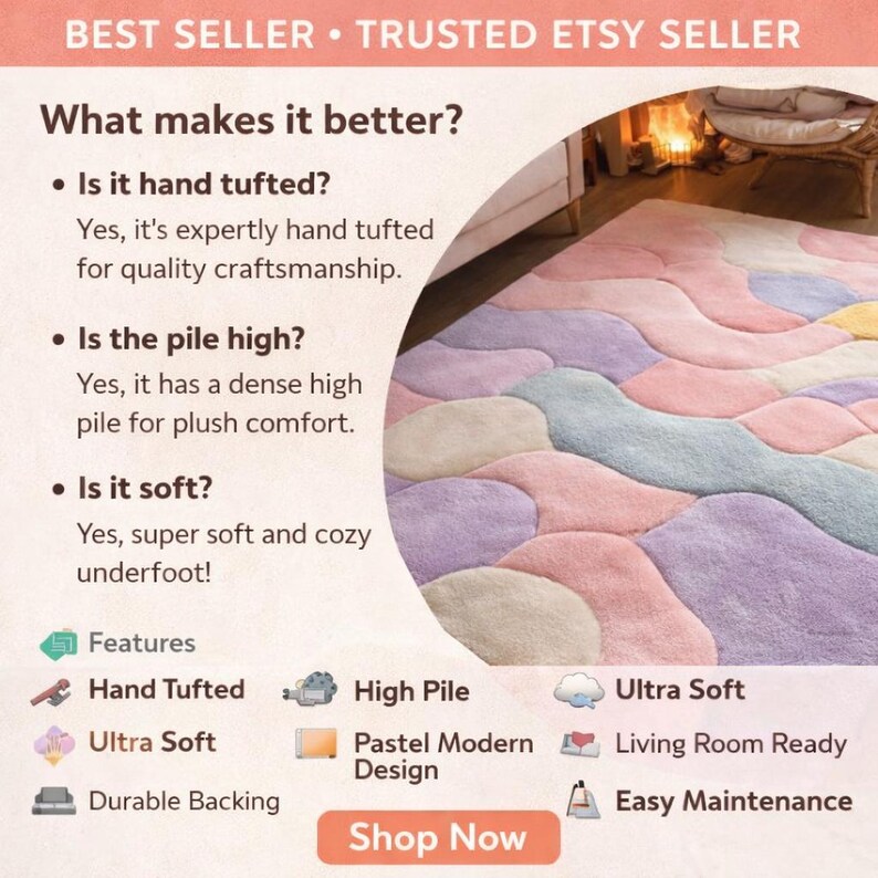 May include: A pastel-colored, modern design rug with a high pile and ultra-soft texture. The rug is hand-tufted and features a durable backing. The image includes the text "Best Seller" and "Trusted Etsy Seller", along with "Shop Now".