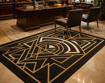 Tappeto in lana tuftato a mano Art Decor / Tappeto di lusso geometrico nero e oro / Soggiorno moderno